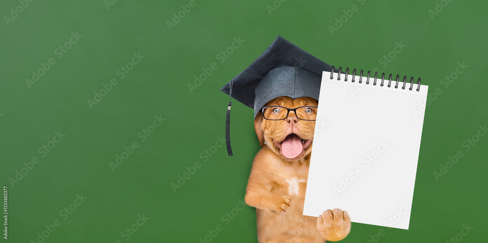 Aufkleber smart mastiff puppy wearing eyeglasses and graduation hat showing blank notepad near green chalkboar