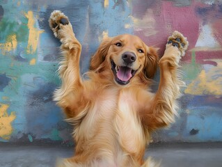 Happy Golden Retriever Dog Lying Down with Paws Up Near Wall