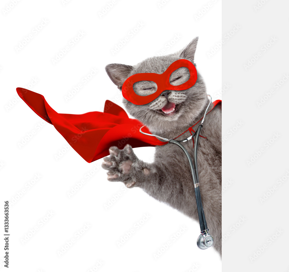 Poster happy cat wearing like a doctor with superhero cape and with stethoscope on his neck looks at camera