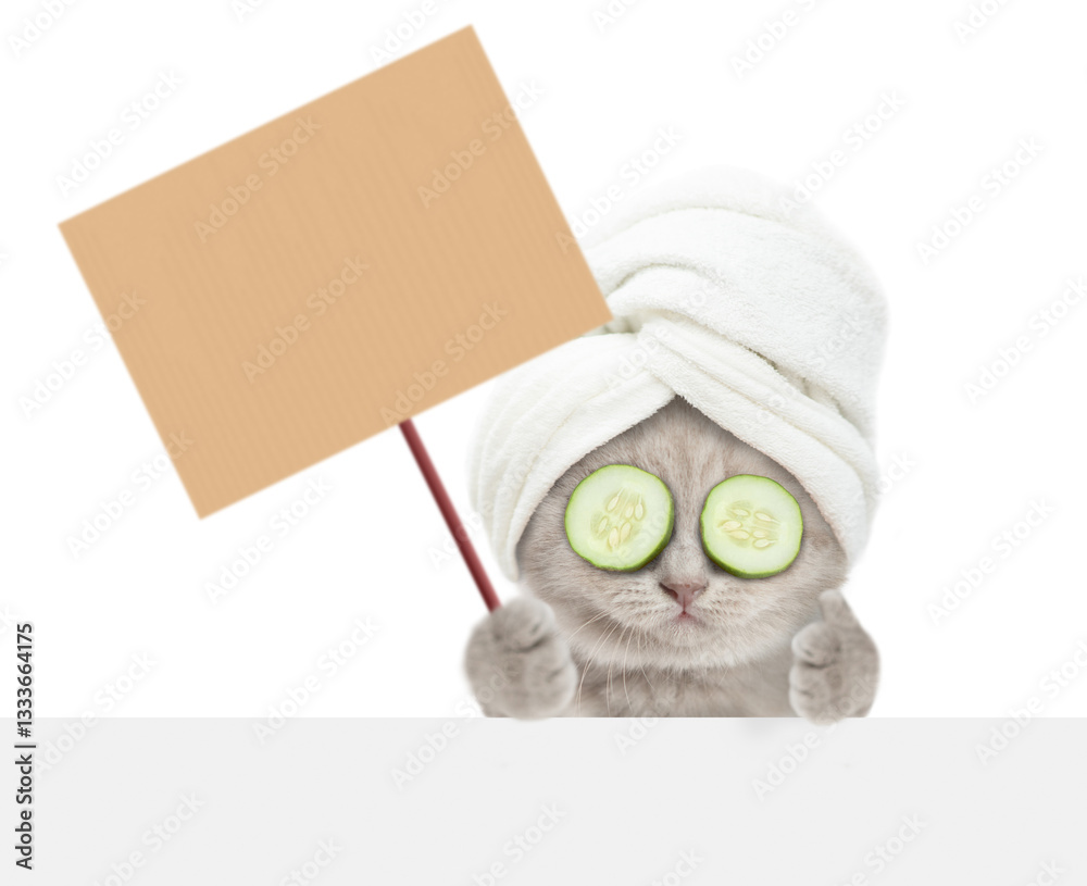 Poster cute kitten with towel on it head and with slices of cucumber on it eyes looks above blank white ban