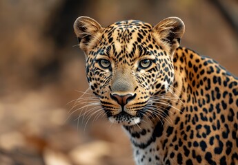 Fototapeta premium Captivating Close-Up of a Majestic Leopard in Natural Habitat Showcasing Unique Fur Patterns and Intense Gaze with Soft Background Elements