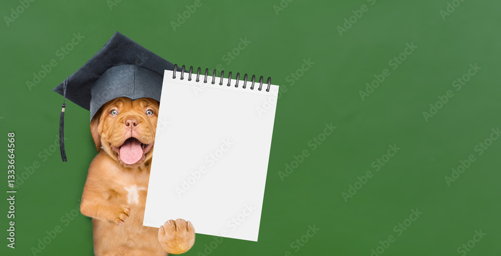 Poster Smart Mastiff puppy wearing graduation hat showing blank notepad near green chalkboard. Empty space for text