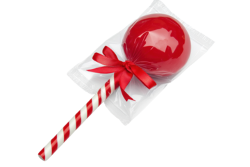 Isolated Red Lollipop Wrapped in Cellophane with Ribbon
