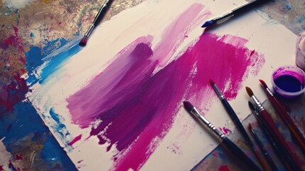 Fototapeta premium Abstract Pink and Blue Paint Strokes on Canvas with Brushes