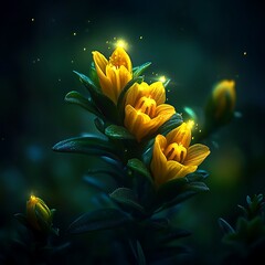Golden Crocus Blooms Amidst Mystical Twilight Illumination in a Fantasy Garden Setting