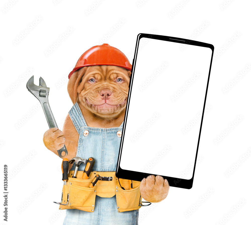 Aufkleber Smiling Mastiff puppy with adjustable wrench wearing hardhat and overalls with tool belt showing big smartphone with white blank screen in it paw. Isolated on white background. Empty space for text