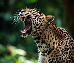 Obraz premium Captivating Close-up of a Yawning Leopard with Striking Features in Natural Habitat, Showcasing Powerful Expression and Beautiful Fur Patterns
