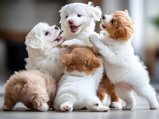 Playful Puppy Pile Five Cute Puppies Indoor Domestic Animal Group