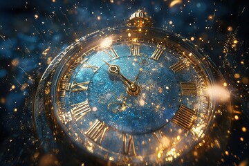 Midnight Sparkle Elegant Gold Pocket Watch with Blue Glitter & Golden Particles