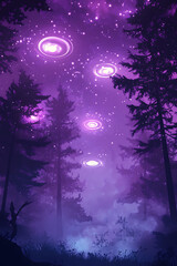 Naklejka premium Enchanted forest under a starry night sky with glowing orbs, creating a mystical atmosphere