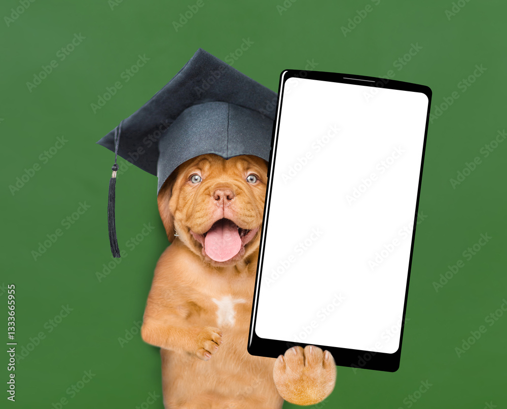 Poster smart mastiff puppy wearing graduation hat standing near green chalkboard at school and showing big 