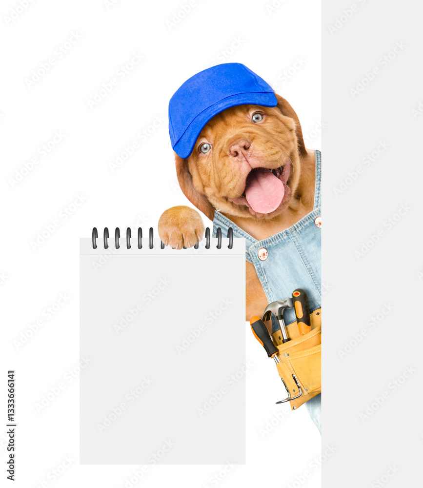 Poster happy mastiff puppy wearing blue cap and denim overalls with tool belt shows empty list from behind 