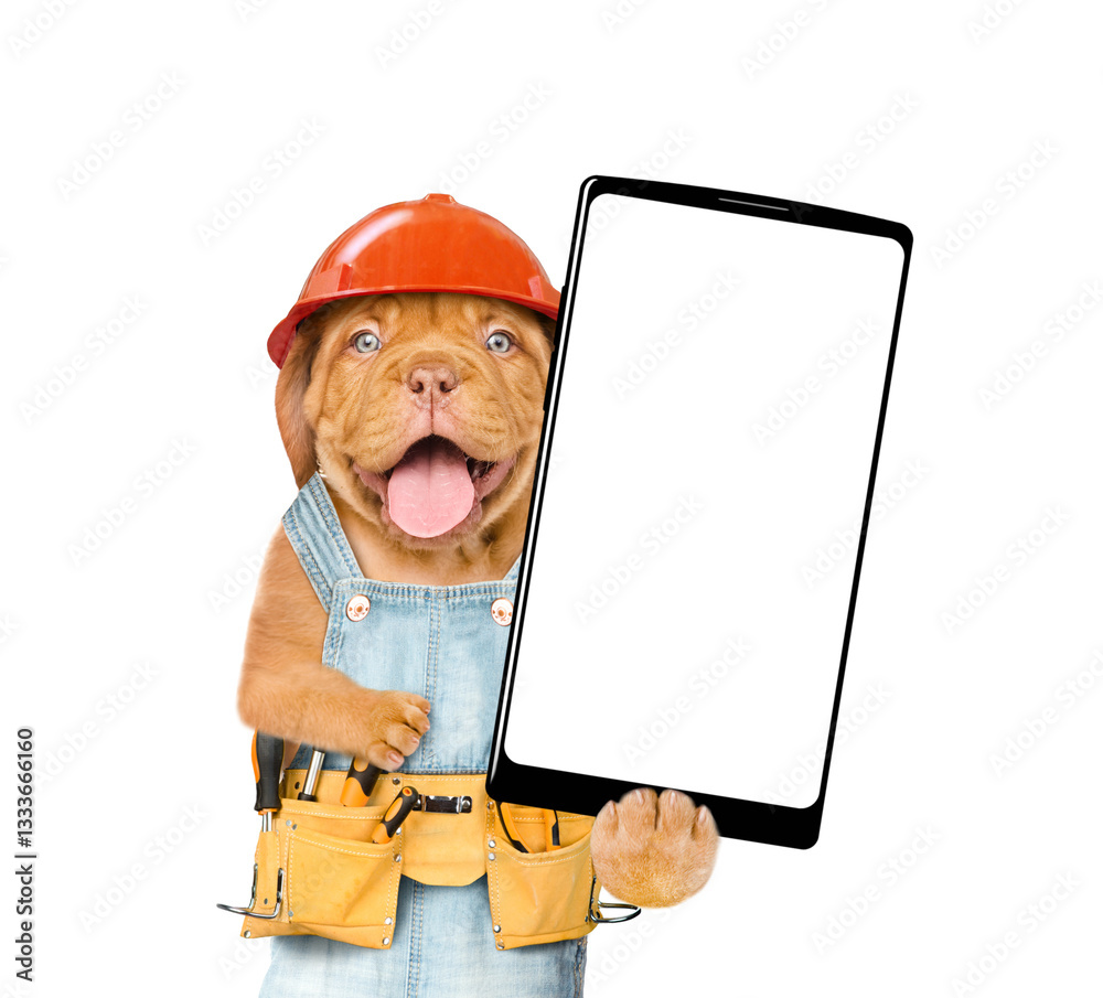 Aufkleber funny mastiff puppy worker wearing hardhat and overalls with toolbelt shows big smartphone with whit