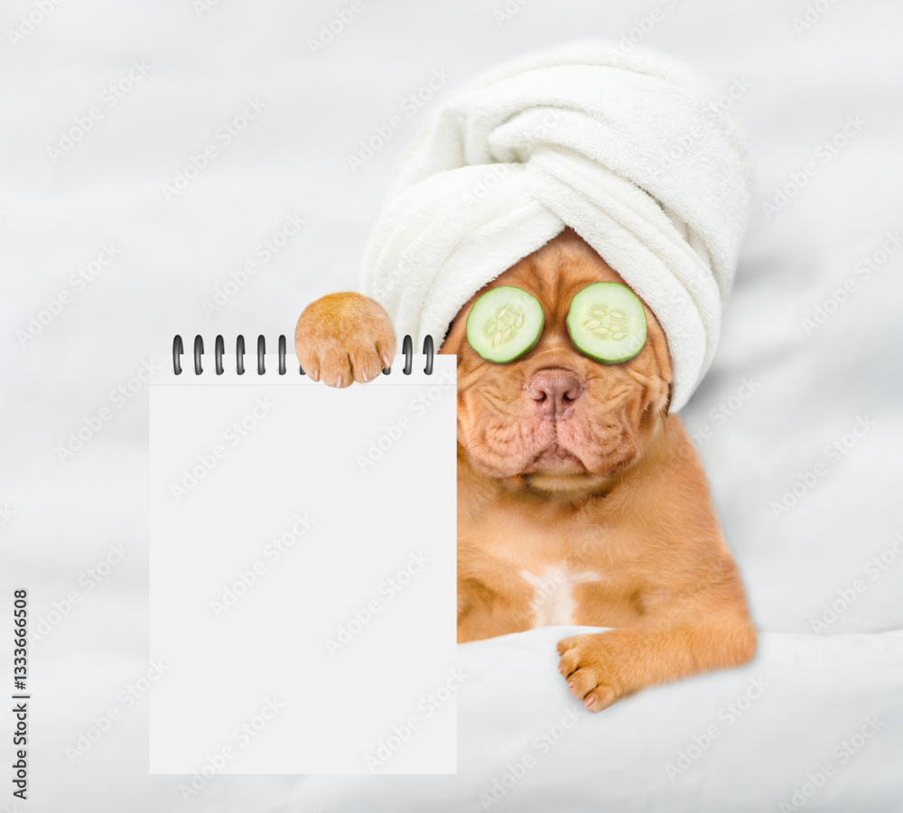 Fototapete Funny Mastiff puppy with towel on it head and with a piece of cucumber on it eyes relaxing on the bed at home and showing empty list. Top down view. Empty space for text
