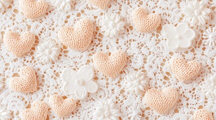 A Delicate Arrangement of Knitted Hearts and Floral Lace on a Light Background, Showcasing the Beauty of Handmade Textiles in a Soft Color Palette
