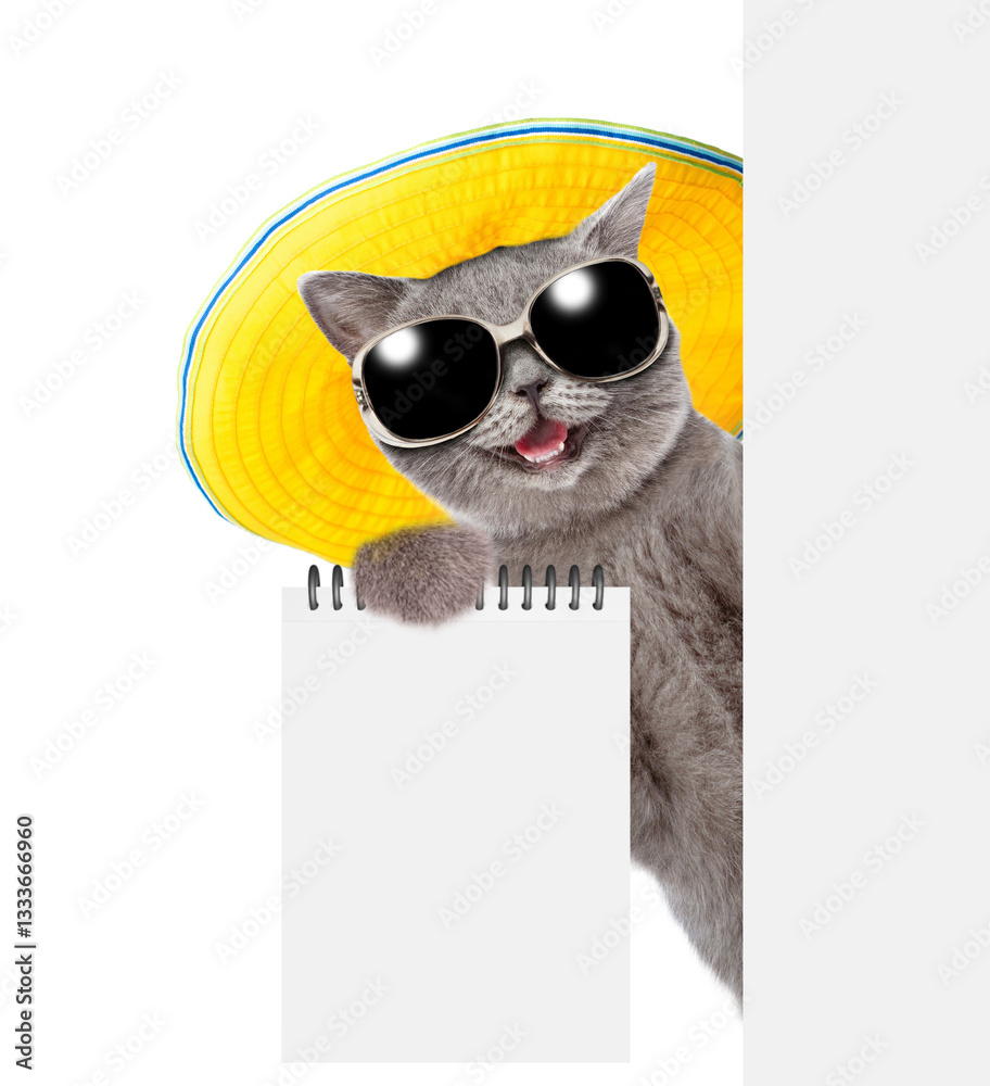 Aufkleber happy cat wearing summer hat and sunglasses looks from behind blank white board and showing blank no