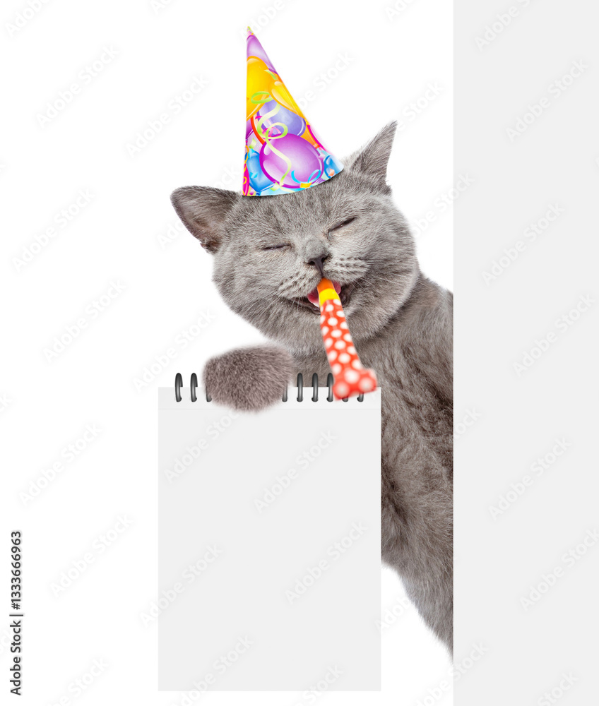 Poster Happy cat wearing party cap blows in party horn and looks from behind empty white banner and shows blank notepad. isolated on white background