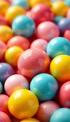 Colorful bubble gum balls in various sizes and shades against bright background, fun, chewy