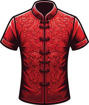 Red Color Men's Mandarin collar shirt fashion drawing template.