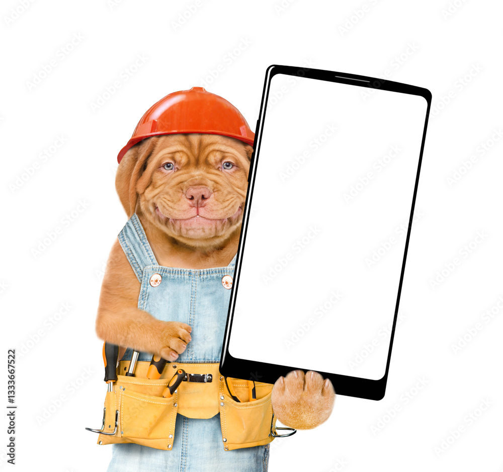 Aufkleber Smiling Mastiff puppy wearing hardhat and overalls with tool belt showing big smartphone with white blank screen in it paw. Isolated on white background. Empty space for text