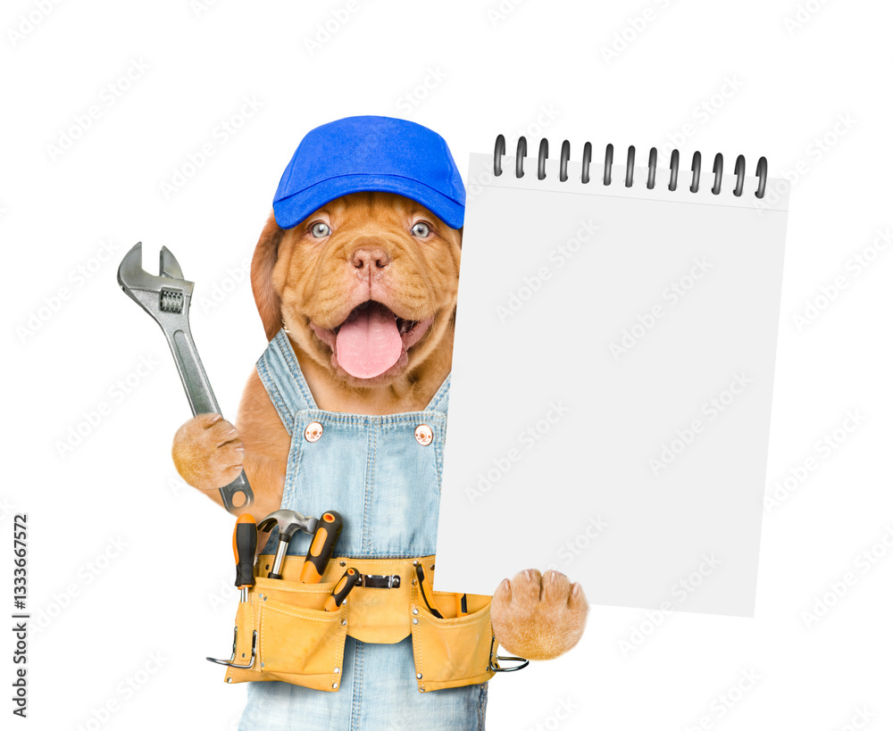 Poster funny mastiff puppy wearing blue cap and denim overalls with tool belt shows empty list and wrench. 