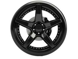 Isolated Glossy Black Five-Spoke Wheel with Chrome Details