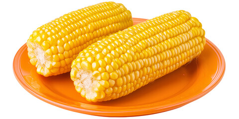 Fototapeta premium 3 pieces of yellow corn on the cob, placed on an orange plate, transparent background PNG