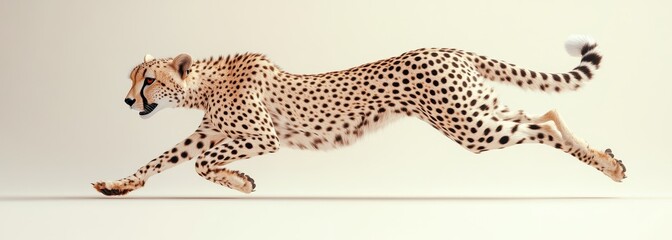 Obraz premium Cheetah in Motion Captured Mid-Run, Displaying Graceful Speed and Elegant Features Against a Soft Neutral Background