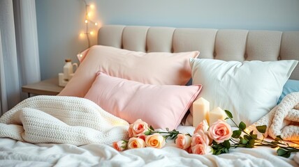 Romantic Bedroom Decor Cozy Bed Roses Candles Pillows