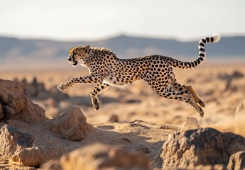 Cheetah in Motion: Graceful Leap Across Desert Terrain with Sunlight Highlighting Distinctive Spots and Agile Form, Capturing the Essence of Wild Nature