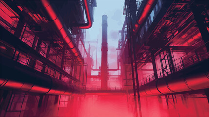 The image shows a low-angle, perspective view down a narrow corridor or alleyway within a large industrial complex.  The space is dominated by a network of interconnected pipes and structures,
