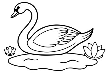  swan coloring page line art illustration on the lake,
 black swan silhouette vector icon, black swan on white background.
