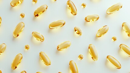 Golden fish oil capsules scattered across a white background, representing health and nutrition.