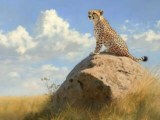 Obraz premium Cheetah Resting on a Rock in a Serene Landscape with Blue Sky and Fluffy Clouds, Showcasing the Beauty of Nature and Wildlife in a Majestic Setting