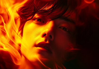 Abstract Blurry Fire Photography &ndash; Long Exposure & Fast Shutter Speed Capturing Red & Yellow Flames, Dynamic Motion-Blurred Woman, Surreal High-Contrast Dreamlike Atmosphere