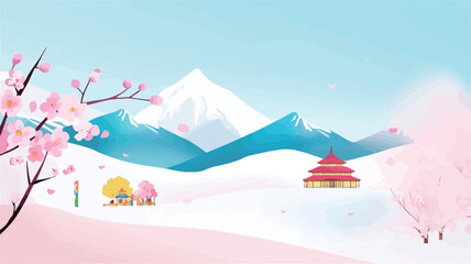 A digital illustration depicting a serene landscape. The scene features Mount Fuji in the background, covered in snow, with rolling blue hills in the foreground.  Pink cherry blossoms are in bloom