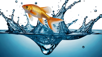 The gold small fish escapes out of the water,  splashing