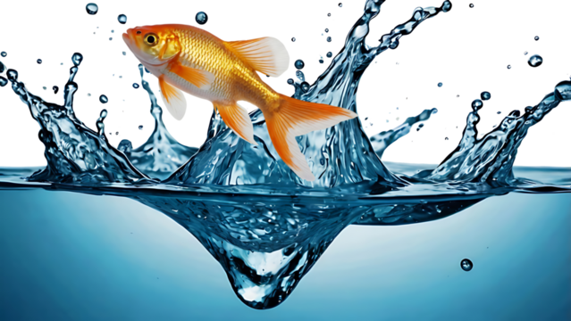 The gold small fish escapes out of the water,  splashing