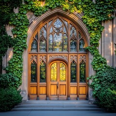 Ivy Covered Gothic Arch Wooden Door Entrance