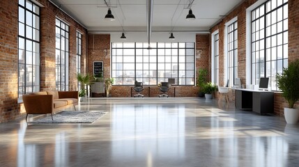 Bright open-plan office with stylish lighting and elegant furniture