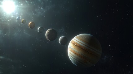 Jupiter dominates the foreground of the solar system with five planets aligned behind it and the sun shining brightly in the top left corner from a stunning space perspective
