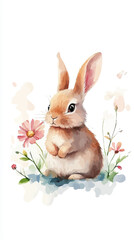 Fototapeta premium Cute Rabbit with Flowers in Watercolor Style Vector Art Illustration