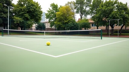 Outdoor Tennis Court Green Surface Ball Net Trees