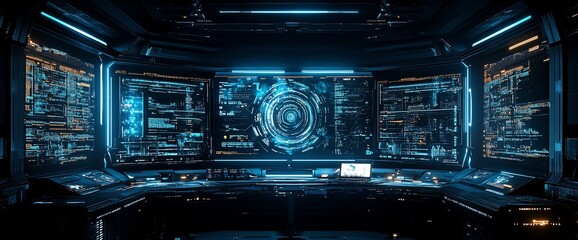 Fototapeta premium Futuristic Control Room Displaying Complex Data and Advanced Technology
