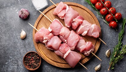 raw pork kebab on wooden skewers preparation of meat dishes on a gray stone background
