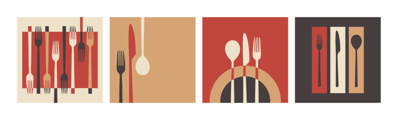 Abstract colorful kitchen art design. Restaurant menu layout vector set. Fork, knife and spoon artistic illustrations