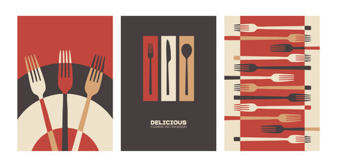 Restaurant menu template vector set. Fork, knife and spoon abstract colorful cutlery design.