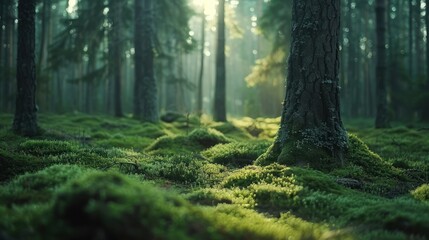 Sunlit Mossy Forest Floor: A Tranquil Scene