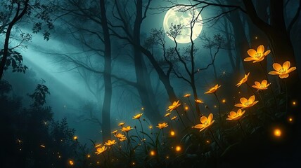 Fototapeta premium Enchanting Moonlit Forest Glowing Flowers Mystical Night Scene