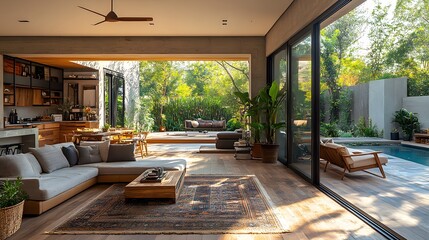 Fototapeta premium Large sliding doors leading to an open backyard with greenery